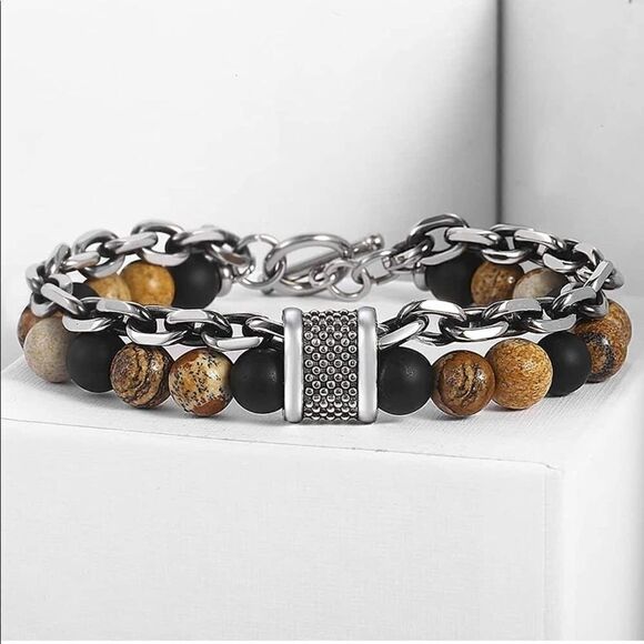 New Men’s Chain / Stone Double Strand Bracelet - Picture 3 of 4